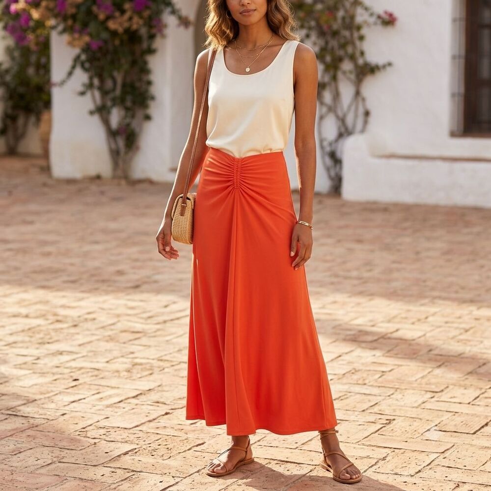NWT White House Black Market V-Front Ruced Maxi Skirt in Koi Orange‎ - Size S